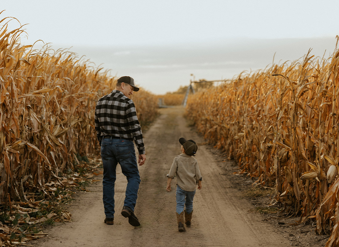 Farm Insurance - Man and Child Walking Down a Road in the Middle of a Corn Field