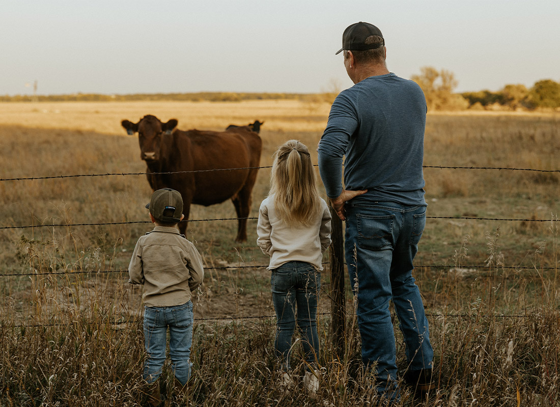Personal Insurance - Man and Two Children Standing Behind a Fence With a Cow on the Other Side
